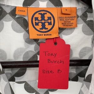Tory Burch Logo Print Cotton Popover Utility Blouse Women’s 8 Gray White